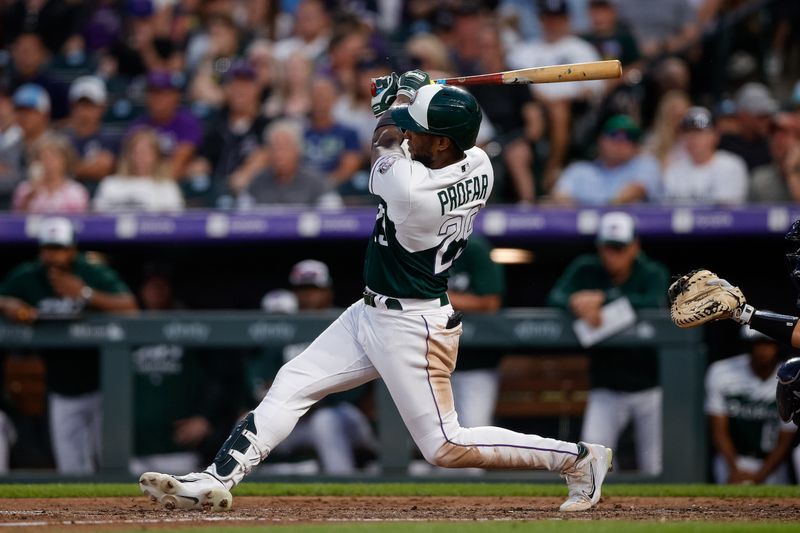 Jul 15, 2023; Denver, Colorado, USA; Colorado Rockies left fielder Jurickson Profar (29) hits a double in the eighth inning against the New York Yankees at Coors Field. Mandatory Credit: Isaiah J. Downing-USA TODAY Sports