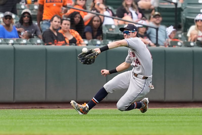 Aug 24, 2025; Baltimore, Maryland, USA; Houston Astros left fielder Mauricio Dubon (14) makes a catch of a fly ball hit by Baltimore Orioles third baseman Vimael Machin (65) (not pictured) during the seventh inning at Oriole Park at Camden Yards. Mandatory Credit: Gregory Fisher-Imagn Images
