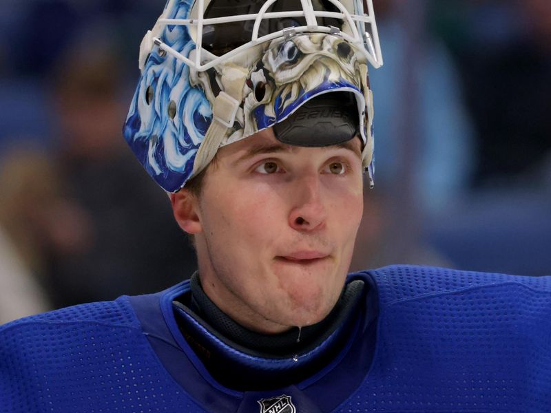 Jan 13, 2024; Buffalo, New York, USA;  Buffalo Sabres goaltender Ukko-Pekka Luukkonen (1) during a stoppage in play against the Vancouver Canucks during the third period at KeyBank Center. Mandatory Credit: Timothy T. Ludwig-USA TODAY Sports