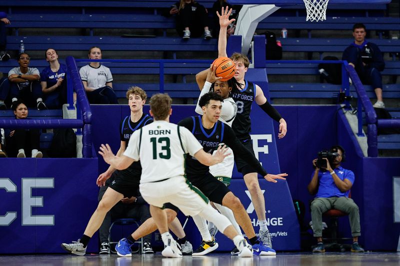 Feb 25, 2025; Colorado Springs, Colorado, USA; Colorado State Rams guard Keshawn Williams (11) looks to pass the ball to guard Bowen Born (13) as Air Force Falcons guard Jeffrey Mills (24) and forward Luke Kearney (3) and forward Will Cooper (6) defend in the second half at Clune Arena. Mandatory Credit: Isaiah J. Downing-Imagn Images