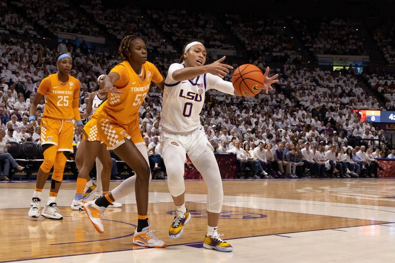 Jan 30, 2023; Baton Rouge, Louisiana, USA;  LSU Lady Tigers forward LaDazhia Williams (0) and Tennessee Lady Vols forward Jillian Hollingshead (53) go fort a rebound during the first half at Pete Maravich Assembly Center. Mandatory Credit: Stephen Lew-USA TODAY Sports