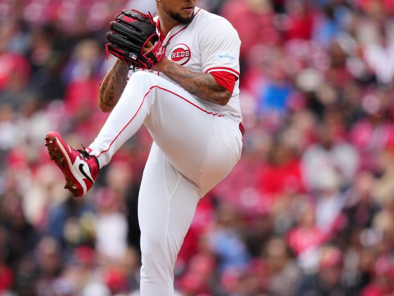 April 21, 2024; Cincinnati, Ohio, USA; Cincinnati Reds pitcher Frankie Montas (47) delivers a pitch in the first inning of a baseball game against the Los Angeles Angels at Great American Ball Park. Mandatory Credit: Kareem Elgazzar/USA TODAY Sports via The Cincinnati Enquirer

