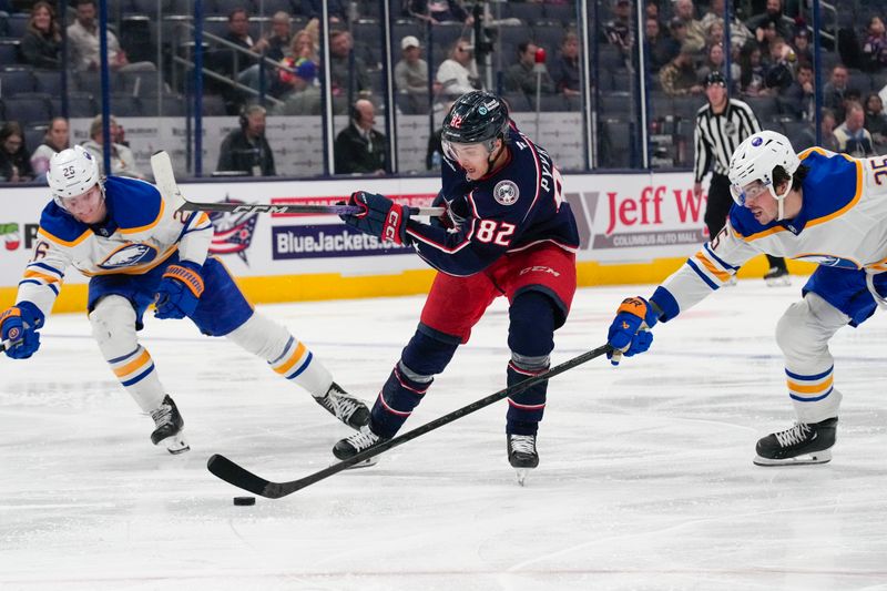 Oct 17, 2024; Columbus, Ohio, USA; Columbus Blue Jackets left wing Mikael Pyyhtia (82) shoots the puck against the Buffalo Sabres in the third period at Nationwide Arena on Thursday. Mandatory Credit: Samantha Madar/USA TODAY Network via Imagn Images