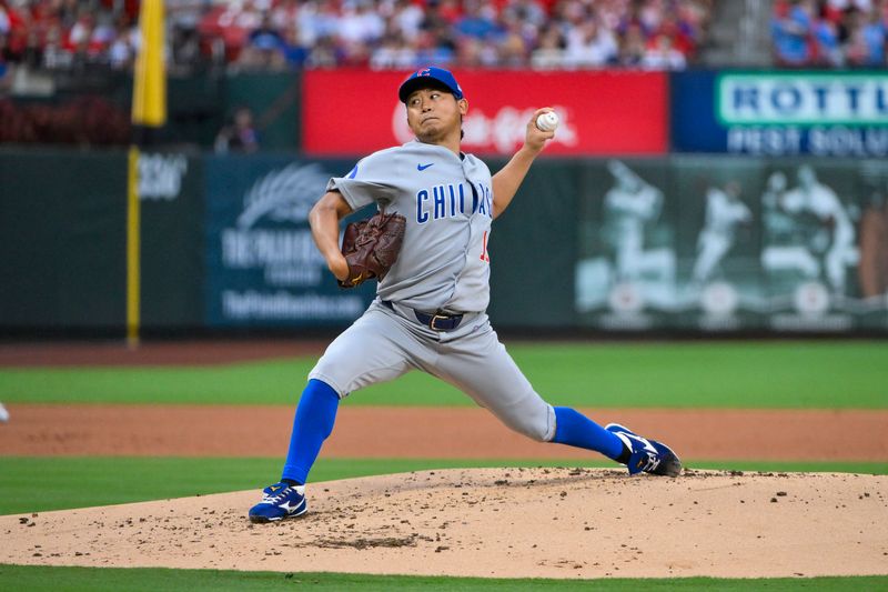 Aug 10, 2025; St. Louis, Missouri, USA;  Chicago Cubs starting pitcher Shota Imanaga (18) pitches against the St. Louis Cardinals during the first inning at Busch Stadium. Mandatory Credit: Jeff Curry-Imagn Images