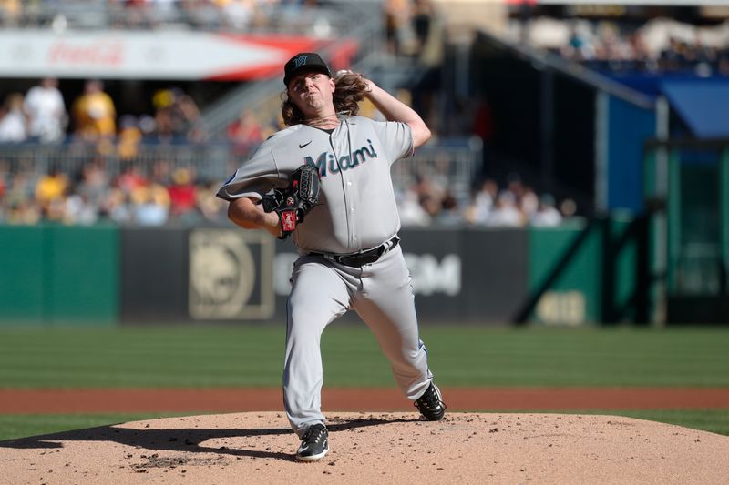 Oct 1, 2023; Pittsburgh, Pennsylvania, USA;  Miami Marlins starting pitcher Ryan Weathers (60) delivers a pitch against the Pittsburgh Pirates during the first inning at PNC Park. Mandatory Credit: Charles LeClaire-USA TODAY Sports