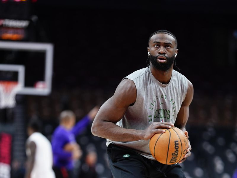 TORONTO, CANADA - JANUARY 15: Jaylen Brown #7 of the Boston Celtics warms up before the game against the Toronto Raptors on January 15, 2025 at the Scotiabank Arena in Toronto, Ontario, Canada.  NOTE TO USER: User expressly acknowledges and agrees that, by downloading and or using this Photograph, user is consenting to the terms and conditions of the Getty Images License Agreement.  Mandatory Copyright Notice: Copyright 2025 NBAE (Photo by Mark Blinch/NBAE via Getty Images)