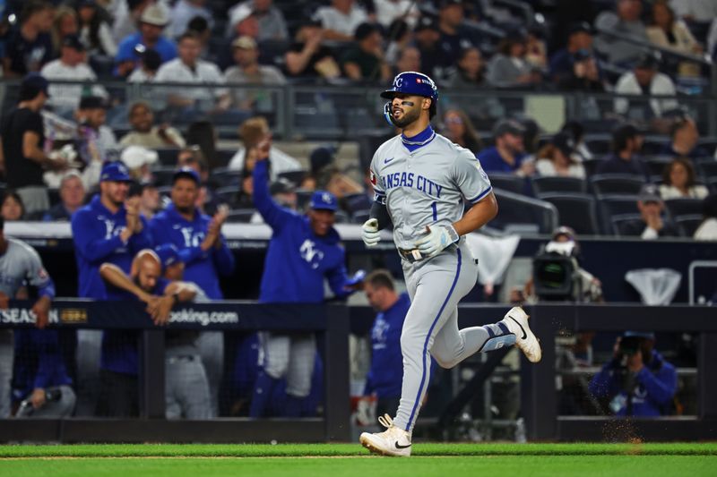 Oct 5, 2024; Bronx, New York, USA; Kansas City Royals outfielder MJ Melendez (1) celebrates after hitting a two run home run during the fourth inning against the New York Yankees during game one of the ALDS for the 2024 MLB Playoffs at Yankee Stadium. Mandatory Credit: Vincent Carchietta-Imagn Images