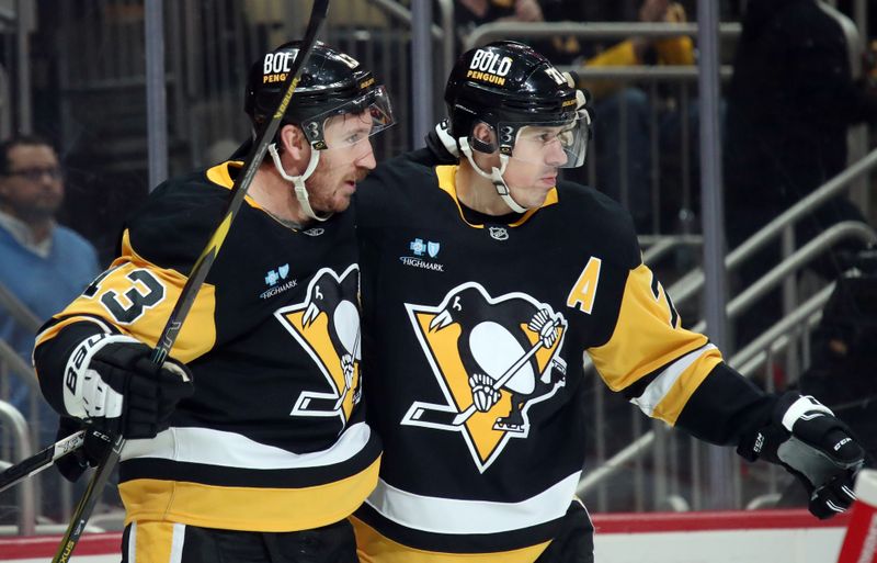 Nov 27, 2024; Pittsburgh, Pennsylvania, USA;  Pittsburgh Penguins right wing Kevin Hayes (13) celebrates his goal with center Evgeni Malkin (71) against the Vancouver Canucks during the first period at PPG Paints Arena. Mandatory Credit: Charles LeClaire-Imagn Images