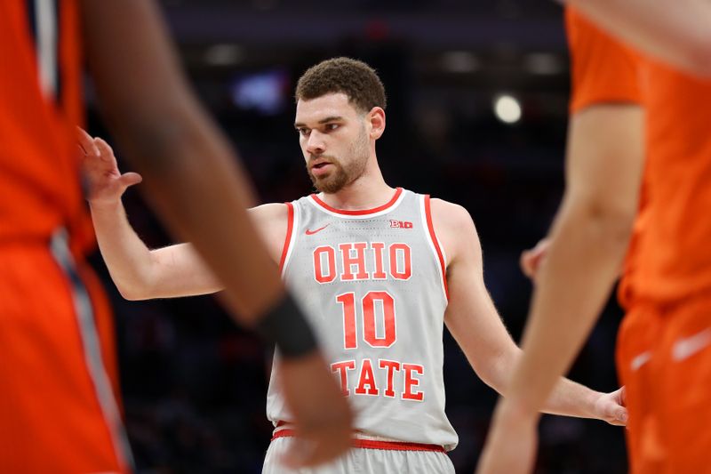 Jan 30, 2024; Columbus, Ohio, USA; Ohio State Buckeyes forward Jamison Battle (10) celebrates a three point basket during the second half against the Illinois Fighting Illini at Value City Arena. Mandatory Credit: Joseph Maiorana-USA TODAY Sports