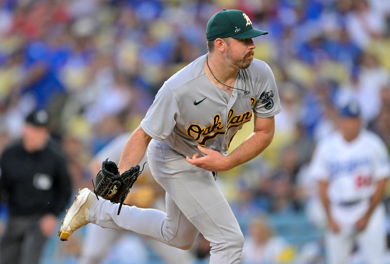 Aug 2, 2023; Los Angeles, California, USA;  Oakland Athletics relief pitcher Hogan Harris (63) throws to the plate in the first inning against the Los Angeles Dodgers at Dodger Stadium. Mandatory Credit: Jayne Kamin-Oncea-USA TODAY Sports