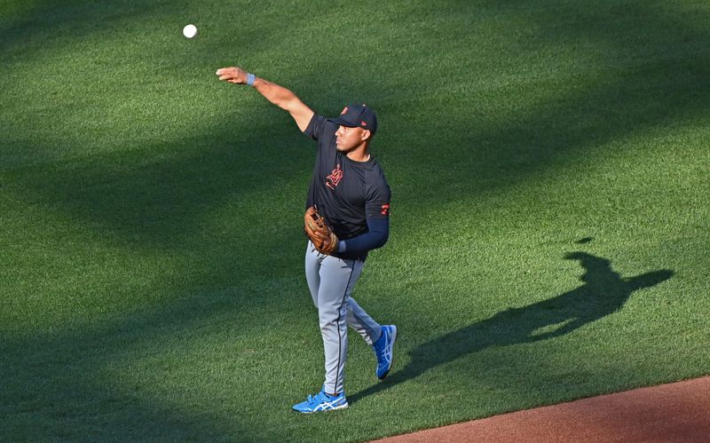 Sep 18, 2024; Kansas City, Missouri, USA;  Detroit Tigers second baseman Andy Ibanez (77) warms up before a game against the Kansas City Royals at Kauffman Stadium. Mandatory Credit: Peter Aiken-Imagn Images