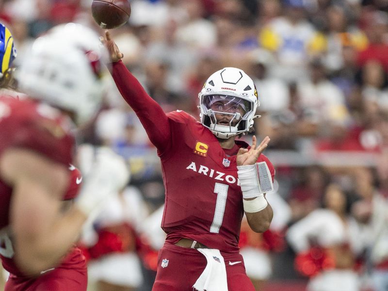 Arizona Cardinals quarterback Kyler Murray (1) passes the ball against the Los Angeles Rams in an NFL football game, Sunday, Sept. 15, 2024, in Glendale, Ariz. Cardinals defeated the Rams 41-10. (AP Photo/Jeff Lewis)