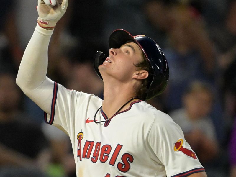 Aug 1, 2024; Anaheim, California, USA;  Los Angeles Angels center fielder Mickey Moniak (16) crosses the plate after hitting a solo home run in the sixth inning against the Colorado Rockies at Angel Stadium. Mandatory Credit: Jayne Kamin-Oncea-USA TODAY Sports