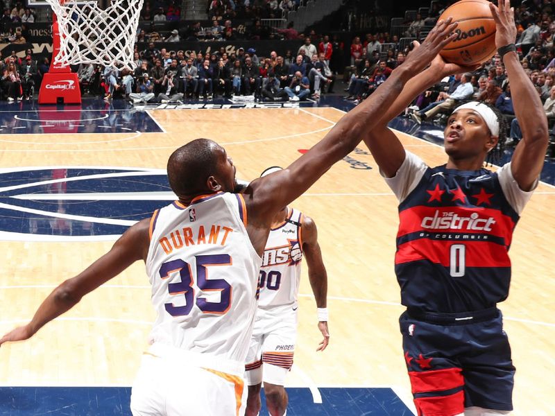 WASHINGTON, DC -? JANUARY 16: Bilal Coulibaly #0 of the Washington Wizards shoots the ball during the game against the Phoenix Sunson January 16, 2025 at Capital One Arena in Washington, DC. NOTE TO USER: User expressly acknowledges and agrees that, by downloading and or using this Photograph, user is consenting to the terms and conditions of the Getty Images License Agreement. Mandatory Copyright Notice: Copyright 2024 NBAE (Photo by Kenny Giarla/NBAE via Getty Images)