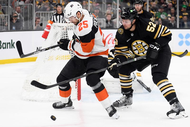 Mar 16, 2024; Boston, Massachusetts, USA; Philadelphia Flyers center Ryan Poehling (25) and Boston Bruins defenseman Andrew Peeke (52) battle for the puck during the second period at TD Garden. Mandatory Credit: Bob DeChiara-USA TODAY Sports