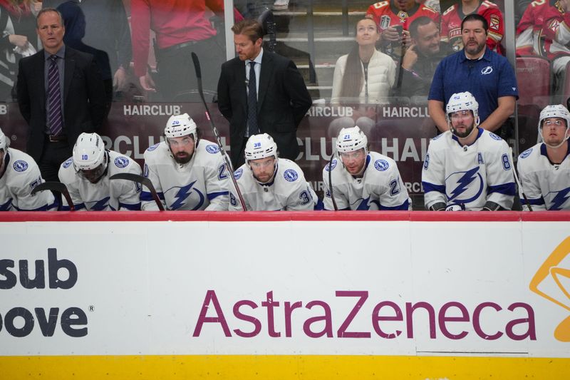 Apr 29, 2024; Sunrise, Florida, USA; Tampa Bay Lightning looks on trailing the Florida Panthers late in the third period in game five of the first round of the 2024 Stanley Cup Playoffs at Amerant Bank Arena. Mandatory Credit: Jim Rassol-USA TODAY Sports