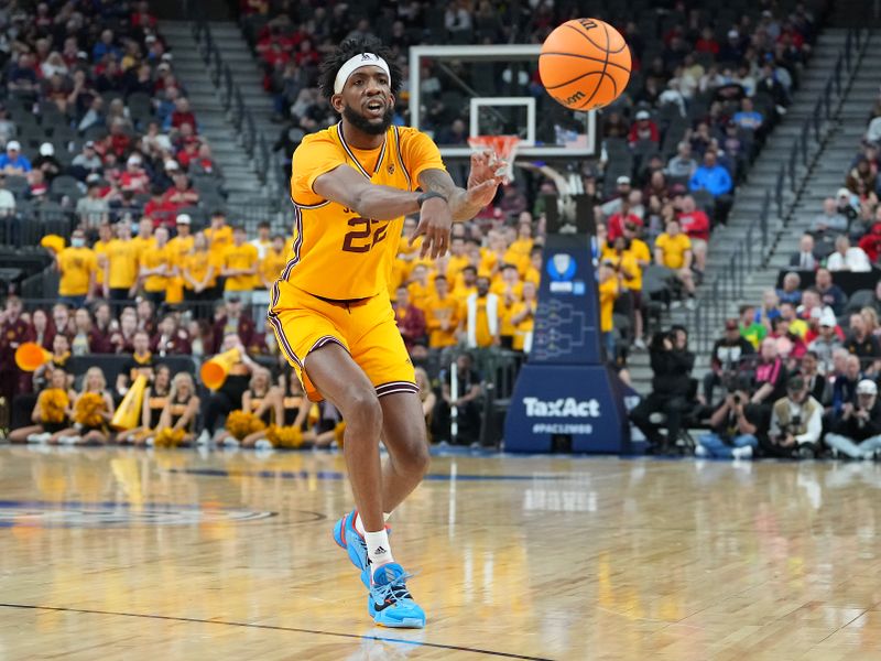 Mar 9, 2023; Las Vegas, NV, USA; Arizona State Sun Devils forward Warren Washington (22) plays against the USC Trojans during the first half at T-Mobile Arena. Mandatory Credit: Stephen R. Sylvanie-USA TODAY Sports