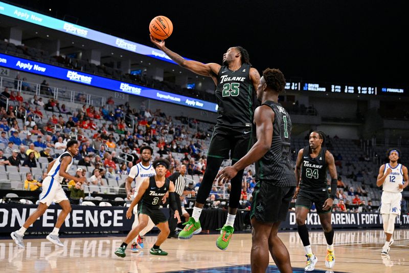 Mar 11, 2023; Fort Worth, TX, USA; Tulane Green Wave guard Jaylen Forbes (25) grabs a rebound against the Memphis Tigers during the first half at Dickies Arena. Mandatory Credit: Jerome Miron-USA TODAY Sports