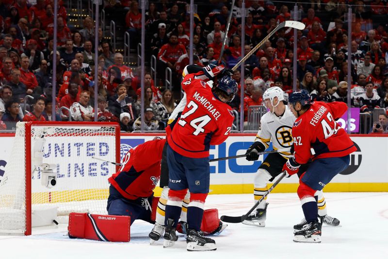 Oct 8, 2025; Washington, District of Columbia, USA; Washington Capitals goaltender Logan Thompson (48) is beaten by a shot from Boston Bruins right wing David Pastrnak (not pictured) during the second period at Capital One Arena. Mandatory Credit: Geoff Burke-Imagn Images