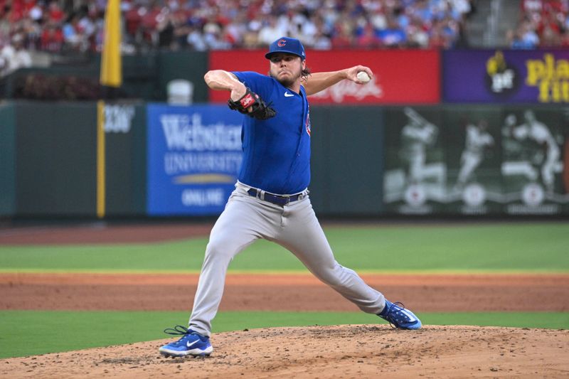 Jul 27, 2023; St. Louis, Missouri, USA; Chicago Cubs starting pitcher Justin Steele (35) pitches against the St. Louis Cardinals in the second inning at Busch Stadium. Mandatory Credit: Joe Puetz-USA TODAY Sports