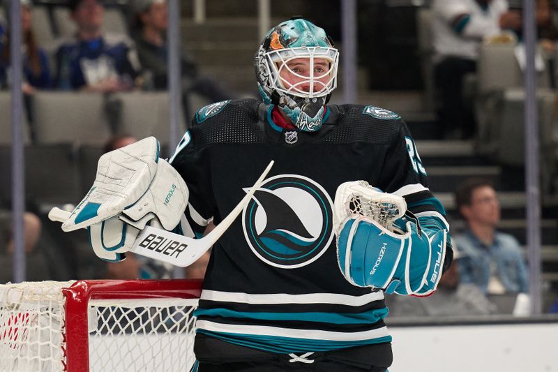 Mar 21, 2024; San Jose, California, USA; San Jose Sharks goaltender Mackenzie Blackwood (29) watches the play against the Tampa Bay Lightning during the first period at SAP Center at San Jose. Mandatory Credit: Robert Edwards-USA TODAY Sports