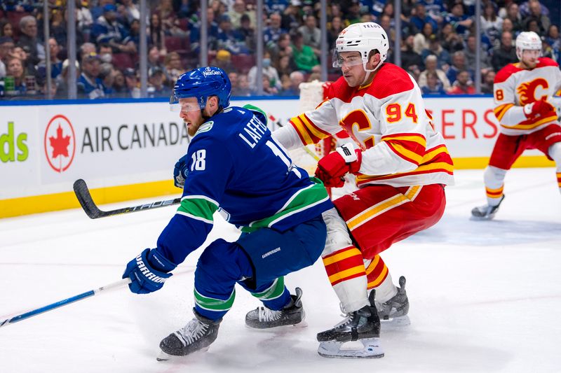 Apr 16, 2024; Vancouver, British Columbia, CAN; Calgary Flames defenseman Brayden Pachal (94) battles with Vancouver Canucks forward Sam Lafferty (18) in the third period at Rogers Arena. Canucks won 4 -1. Mandatory Credit: Bob Frid-USA TODAY Sports