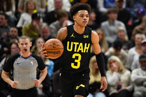 SALT LAKE CITY, UTAH - JANUARY 01: Keyonte George #3 of the Utah Jazz dribbles during the first half of a game against the Dallas Mavericks at Delta Center on January 01, 2024 in Salt Lake City, Utah. NOTE TO USER: User expressly acknowledges and agrees that, by downloading and or using this photograph, User is consenting to the terms and conditions of the Getty Images License Agreement. (Photo by Alex Goodlett/Getty Images)