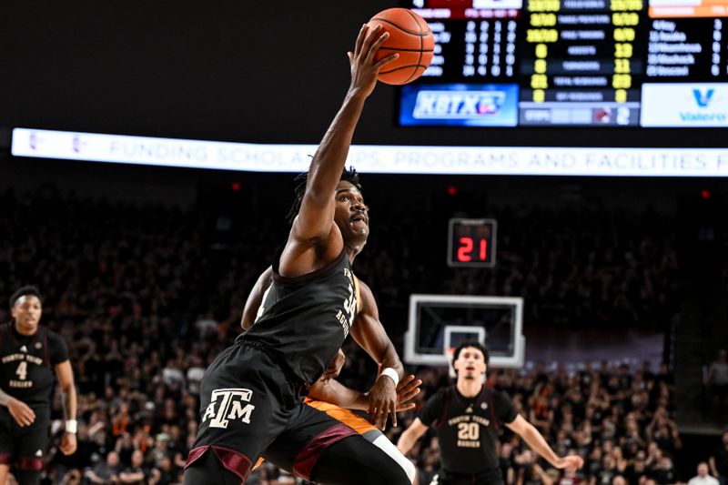 Feb 21, 2023; College Station, Texas, USA;  Texas A&M Aggies forward Julius Marble (34) controls the ball against the Tennessee Volunteers during the second half at Reed Arena. Mandatory Credit: Maria Lysaker-USA TODAY Sports