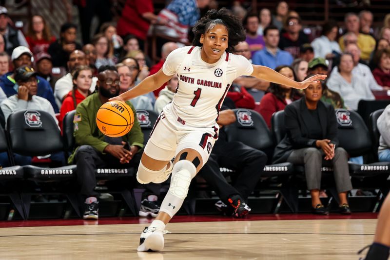 Jan 5, 2023; Columbia, South Carolina, USA; South Carolina Gamecocks guard Zia Cooke (1) drives against the Auburn Tigers in the first half at Colonial Life Arena. Mandatory Credit: Jeff Blake-USA TODAY Sports