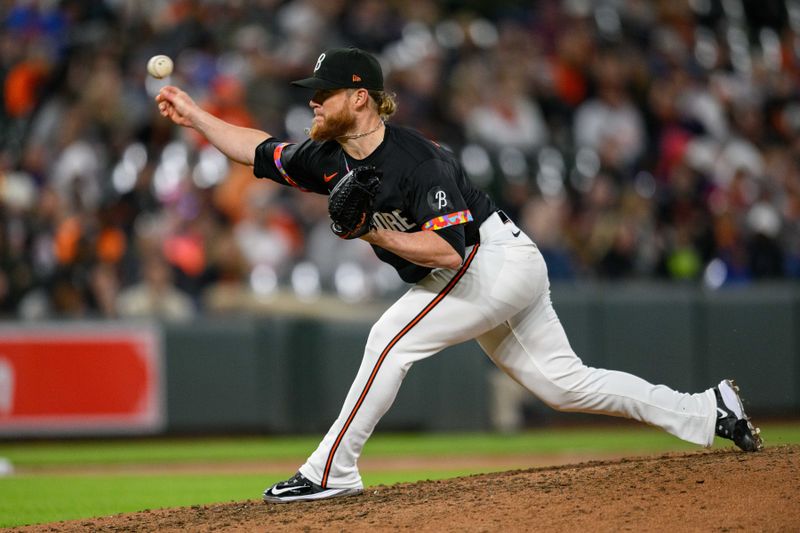 Apr 26, 2024; Baltimore, Maryland, USA; Baltimore Orioles pitcher Craig Kimbrel (46) throws a pitch during the ninth inning against the Oakland Athletics at Oriole Park at Camden Yards. Mandatory Credit: Reggie Hildred-USA TODAY Sports