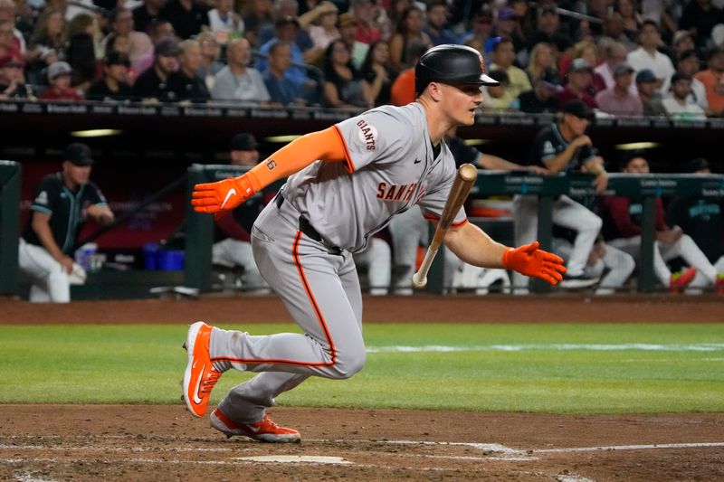 Jun 3, 2024; Phoenix, Arizona, USA; San Francisco Giants third base Matt Chapman (26) hits against the Arizona Diamondbacks in the sixth inning at Chase Field. Mandatory Credit: Rick Scuteri-USA TODAY Sports