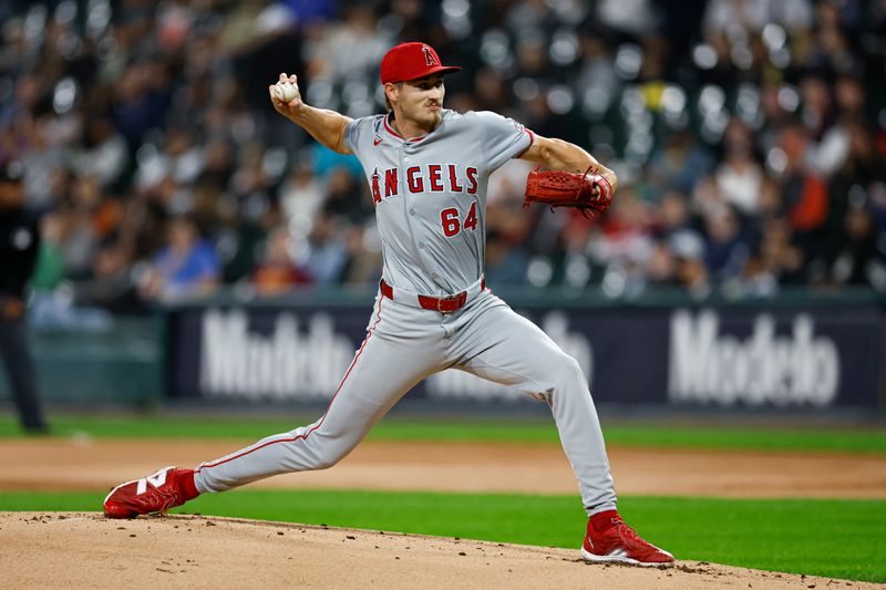 Sep 24, 2024; Chicago, Illinois, USA; Los Angeles Angels starting pitcher Jack Kochanowicz (64) delivers a pitch against the Chicago White Sox during the first inning at Guaranteed Rate Field. Mandatory Credit: Kamil Krzaczynski-Imagn Images