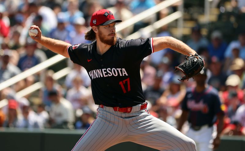 Mar 25, 2024; North Port, Florida, USA; Minnesota Twins starting pitcher Bailey Ober (17) throws a pitch during the first inning against the Atlanta Braves at CoolToday Park. Mandatory Credit: Kim Klement Neitzel-USA TODAY Sports