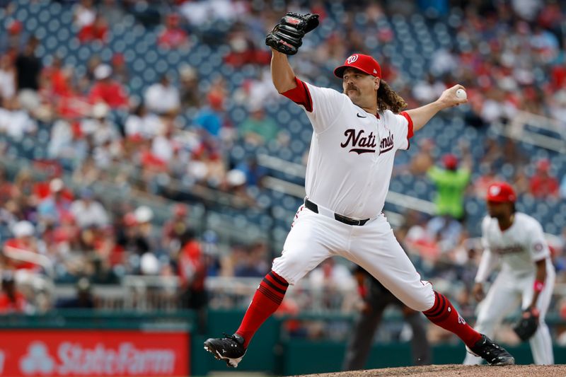 May 11, 2025; Washington, District of Columbia, USA; Washington Nationals pitcher Andrew Chafin (53) pitches against the St. Louis Cardinals during the seventh inning at Nationals Park. Mandatory Credit: Geoff Burke-Imagn Images