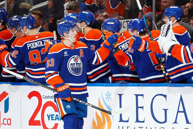 Jan 25, 2025; Edmonton, Alberta, CAN; The Edmonton Oilers celebrate a goal scored by forward Ryan Nugent-Hopkins (93) during the second period against the Buffalo Sabres at Rogers Place. Mandatory Credit: Perry Nelson-Imagn Images