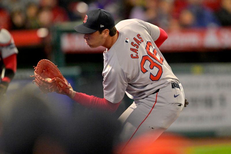 Apr 6, 2024; Anaheim, California, USA; Boston Red Sox first base Triston Casas (36) catches a pop foul off a ball hit by Los Angeles Angels outfielder Aaron Hicks (12) in the fourth inning at Angel Stadium. Mandatory Credit: Jayne Kamin-Oncea-USA TODAY Sports