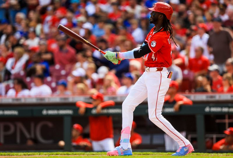 May 24, 2025; Cincinnati, Ohio, USA; Cincinnati Reds shortstop Elly De La Cruz (44) hits a two-run home run in the first inning against the Chicago Cubs at Great American Ball Park. Mandatory Credit: Katie Stratman-Imagn Images