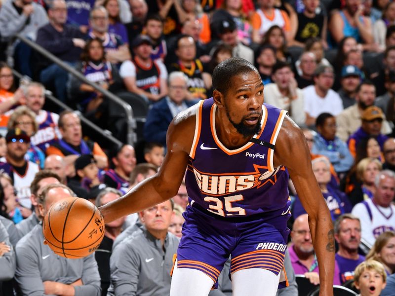 PHOENIX, AZ - NOVEMBER 2: Kevin Durant #35 of the Phoenix Suns dribbles the ball during the game against the Portland Trail Blazers on November 2, 2024 at Footprint Center in Phoenix, Arizona. NOTE TO USER: User expressly acknowledges and agrees that, by downloading and or using this photograph, user is consenting to the terms and conditions of the Getty Images License Agreement. Mandatory Copyright Notice: Copyright 2024 NBAE (Photo by Barry Gossage/NBAE via Getty Images)