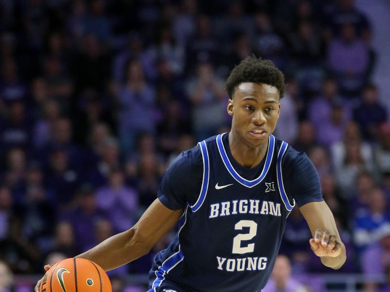 Feb 24, 2024; Manhattan, Kansas, USA; Brigham Young Cougars guard Jaxson Robinson (2) dribbles during the second half against the Kansas State Wildcats at Bramlage Coliseum. Mandatory Credit: Scott Sewell-USA TODAY Sports