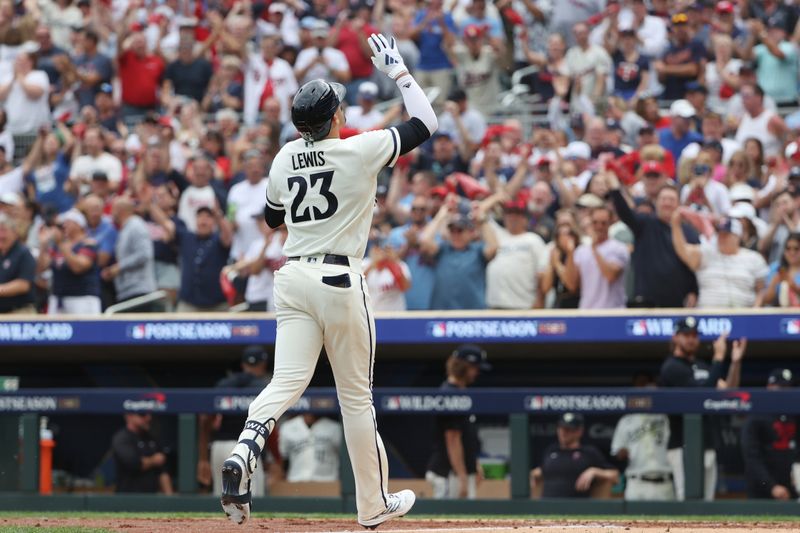 Oct 3, 2023; Minneapolis, Minnesota, USA; Minnesota Twins short stop Royce Lewis (23) celebrates after hitting a home run in the third inning against the Toronto Blue Jays during game one of the Wildcard series for the 2023 MLB playoffs at Target Field. Mandatory Credit: Jesse Johnson-USA TODAY Sports