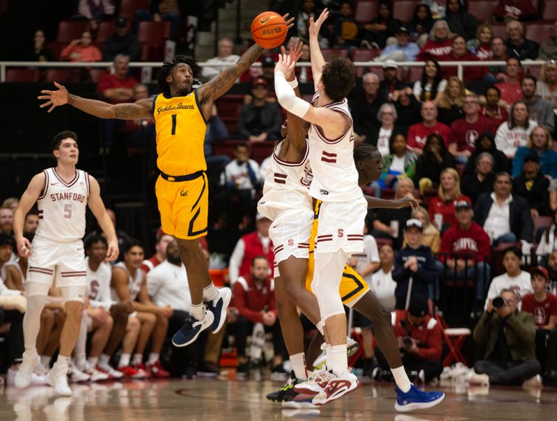 Jan 28, 2023; Stanford, California, USA; California Golden Bears guard Joel Brown (1) tries to control a loose ball in front of Stanford Cardinal forwards Harrison Ingram (55) and Maxime Raynaud (42) during the second half at Maples Pavilion. Stanford defeated California 75-46. Mandatory Credit: D. Ross Cameron-USA TODAY Sports