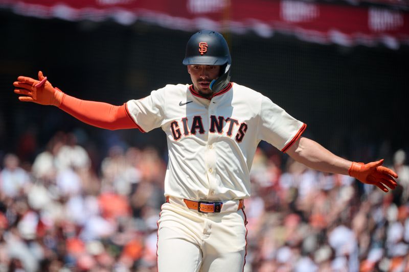 May 4, 2025; San Francisco, California, USA; San Francisco Giants shortstop Willy Adames (2) reacts after hitting his second home run of the game against the Colorado Rockies during the second inning at Oracle Park. Mandatory Credit: Robert Edwards-Imagn Images