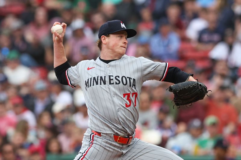 May 4, 2025; Boston, Massachusetts, USA; Minnesota Twins relief pitcher Louie Varland (37) delivers a pitch during the seventh inning against the Boston Red Sox at Fenway Park. Mandatory Credit: Paul Rutherford-Imagn Images