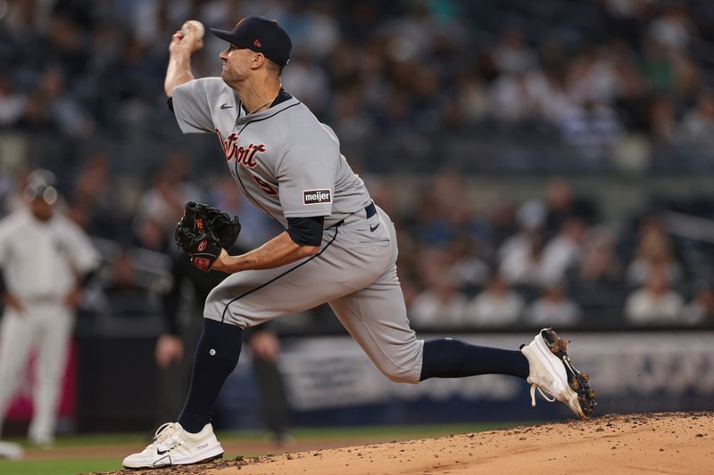 Sep 10, 2025; Bronx, New York, USA; Detroit Tigers starting pitcher Jack Flaherty (9) delivers a pitch during the first inning against the New York Yankees at Yankee Stadium. Mandatory Credit: Vincent Carchietta-Imagn Images