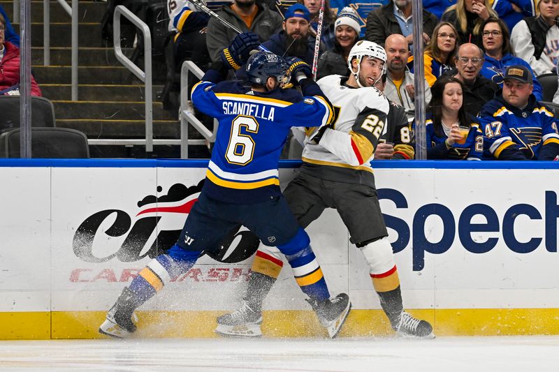 Dec 6, 2023; St. Louis, Missouri, USA;  St. Louis Blues defenseman Marco Scandella (6) checks Vegas Golden Knights right wing Michael Amadio (22) during the first period at Enterprise Center. Mandatory Credit: Jeff Curry-USA TODAY Sports