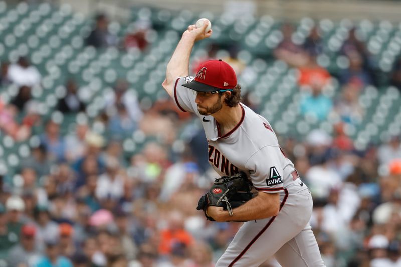 Jun 11, 2023; Detroit, Michigan, USA; Arizona Diamondbacks starting pitcher Zac Gallen (23) pitches in the second inning against the Detroit Tigers at Comerica Park. Mandatory Credit: Rick Osentoski-USA TODAY Sports