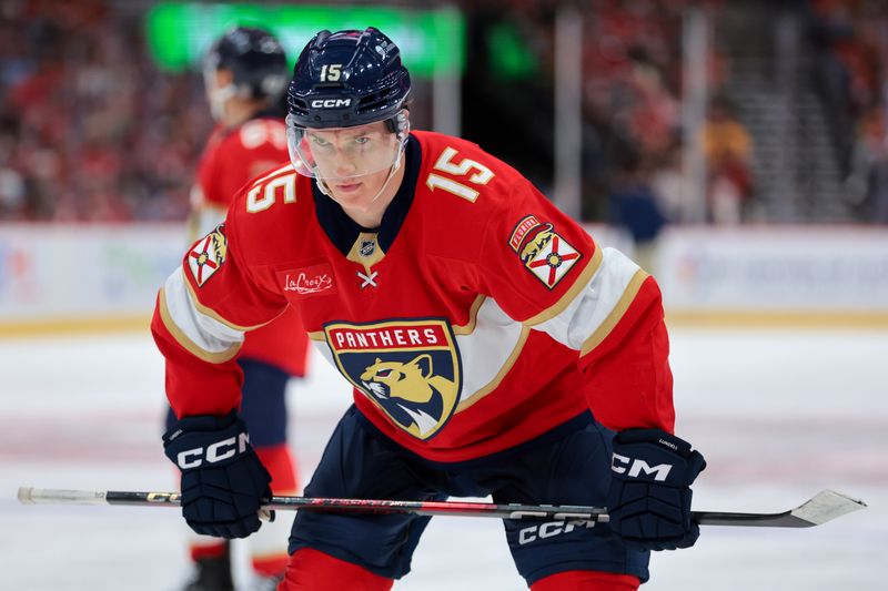 Nov 26, 2025; Sunrise, Florida, USA; Florida Panthers center Anton Lundell (15) looks on against the Philadelphia Flyers during the second period at Amerant Bank Arena. Mandatory Credit: Sam Navarro-Imagn Images