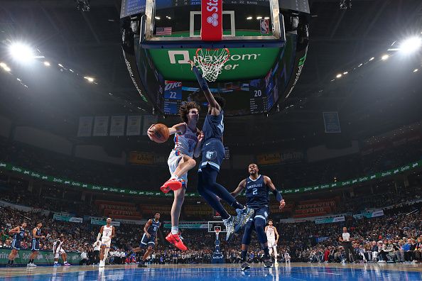 OKLAHOMA CITY, OK - DECEMBER 18:  Josh Giddey #3 of the Oklahoma City Thunder handles the ball during the game against the Memphis Grizzlies on December 18, 2023 at Paycom Arena in Oklahoma City, Oklahoma. NOTE TO USER: User expressly acknowledges and agrees that, by downloading and or using this photograph, User is consenting to the terms and conditions of the Getty Images License Agreement. Mandatory Copyright Notice: Copyright 2023 NBAE (Photo by Zach Beeker/NBAE via Getty Images)