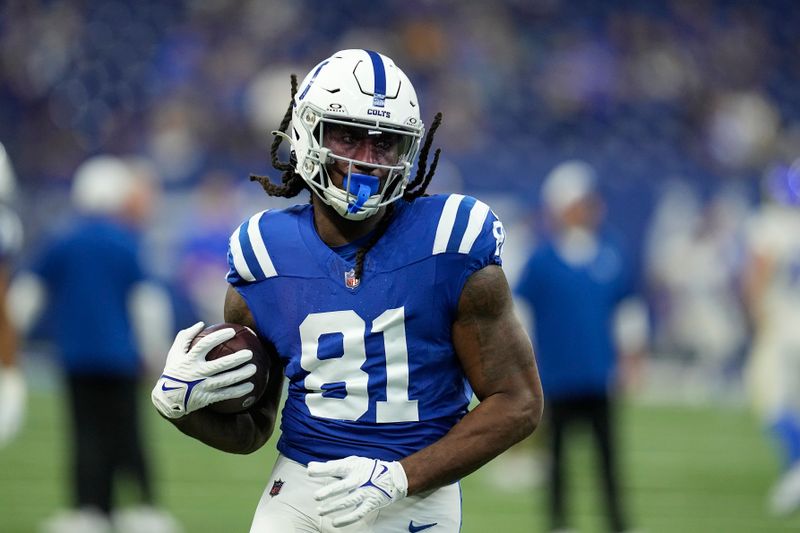 Indianapolis Colts tight end Mo Alie-Cox before an NFL football game against the Los Angeles Rams, Sunday, Oct. 1, 2023, in Indianapolis. (AP Photo/Darron Cummings)