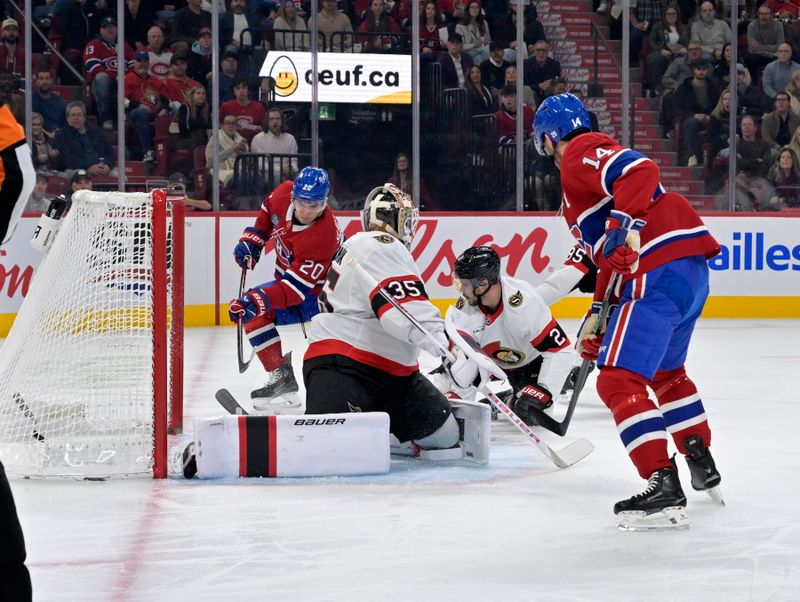 Nov 1, 2025; Montreal, Quebec, CAN; Montreal Canadiens forward Juraj Slafkovsky (20) scores a goal against Ottawa Senators goalie Linus Ullmark (35) on an assist from teammate forward Nick Suzuki (14) during the first period at the Bell Centre. Mandatory Credit: Eric Bolte-Imagn Images